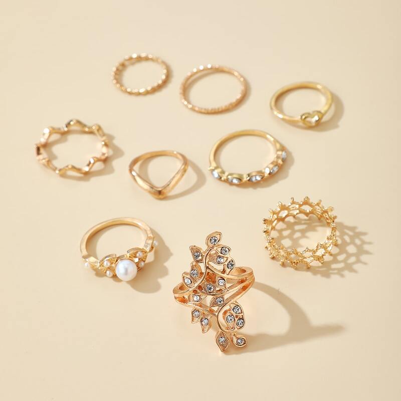 

9pcs Heart Decor Ring, Gold