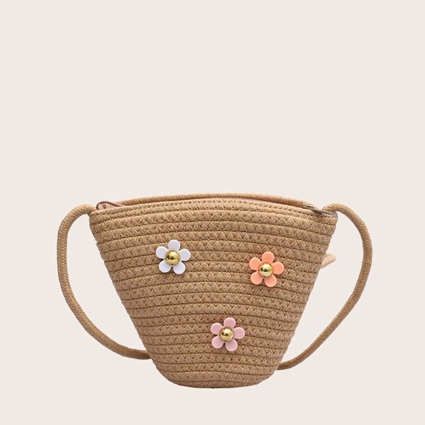 

Girls Flower Decor Woven Crossbody Bag, Khaki