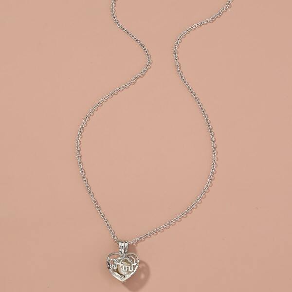 

Faux Pearl Decor Heart Charm Necklace, Silver