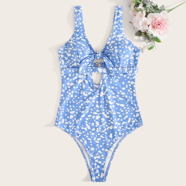 

Plus Dalmatian Knot Front One Piece Swimsuit, Blue and white