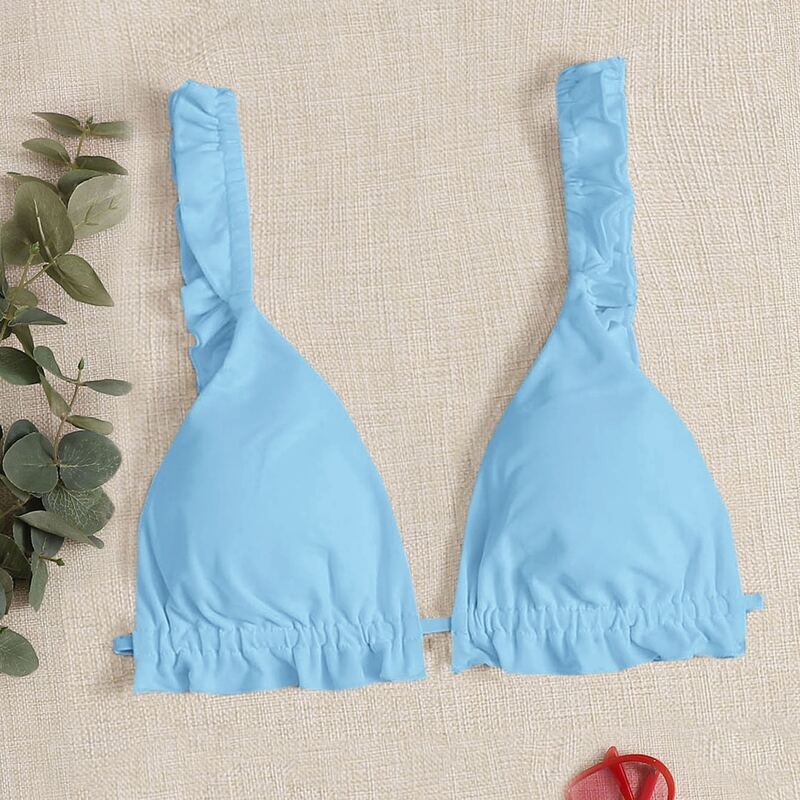 

Ruffle Trim Triangle Bikini Top, Pastel baby blue