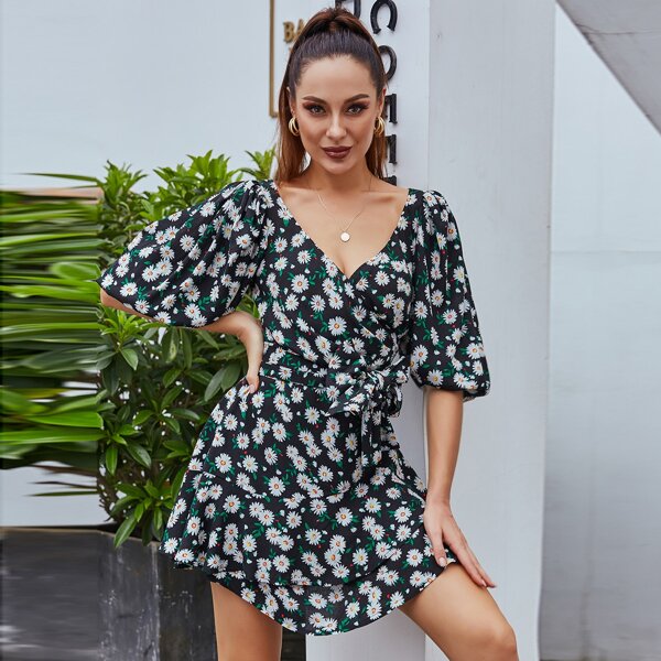 

DKRX Puff Sleeve Belted Floral Dress, Black and white