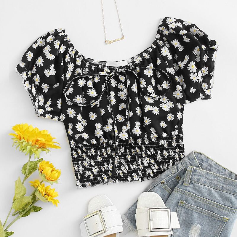 

Daisy Tie Front Shirred Blouse, Multicolor