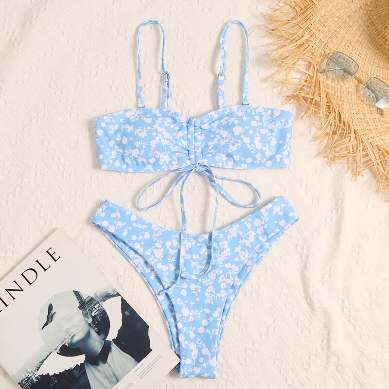 

Ditsy Floral Drawstring Knot High Cut Bikini Swimsuit, Pastel blue and white