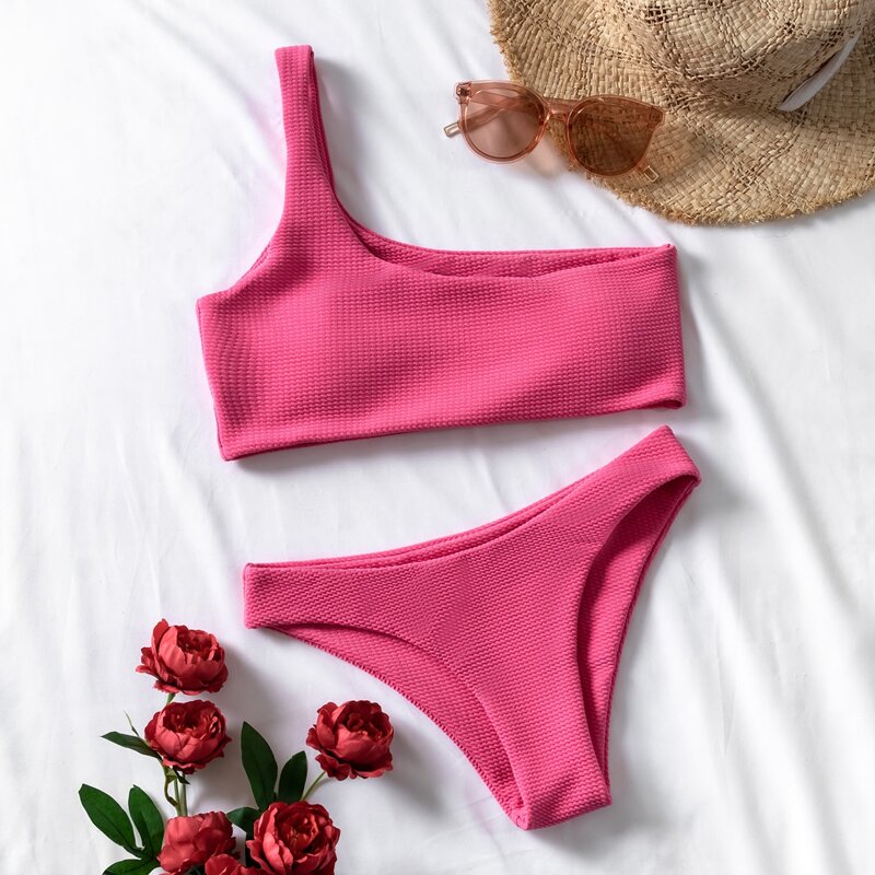 

Textured One Shoulder Bikini Swimsuit, Pink