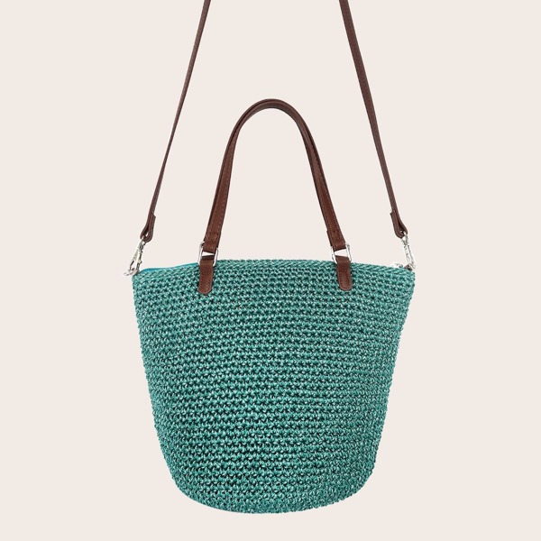 

Double Handle Crochet Bucket Bag, Teal blue