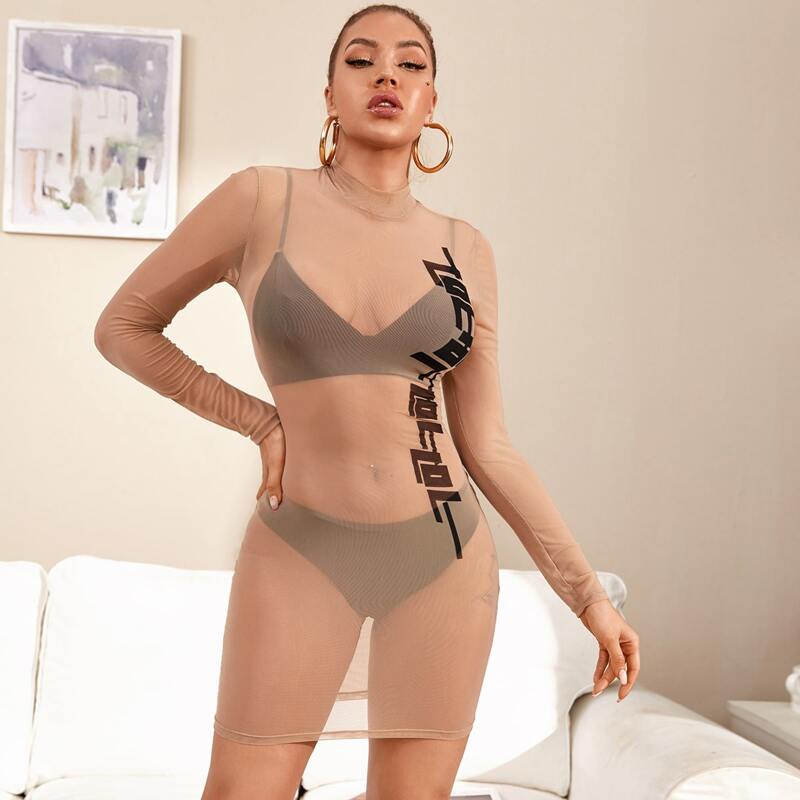 

Mock Neck Letter Print Sheer Mesh Dress Without Lingerie, Khaki