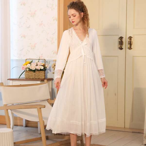 

Embroidered Mesh Bow Detail Night Dress, White