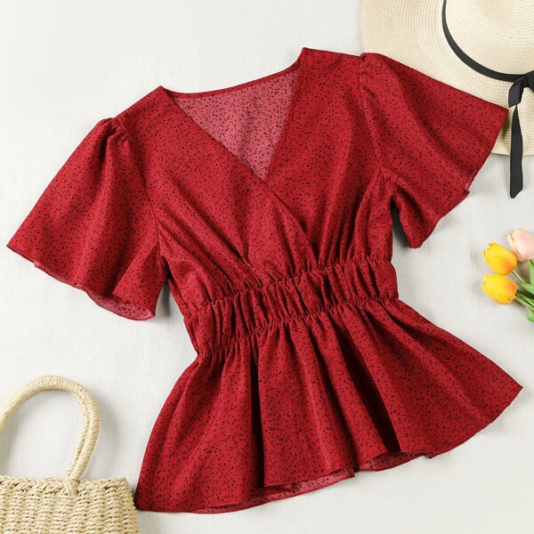 

Plus Surplice Ruched Waist Peplum Blouse, Burgundy