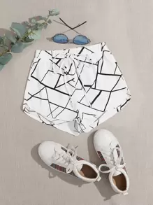 SHEIN Essnce Knot Waist Geo Print Shorts - White - View 1