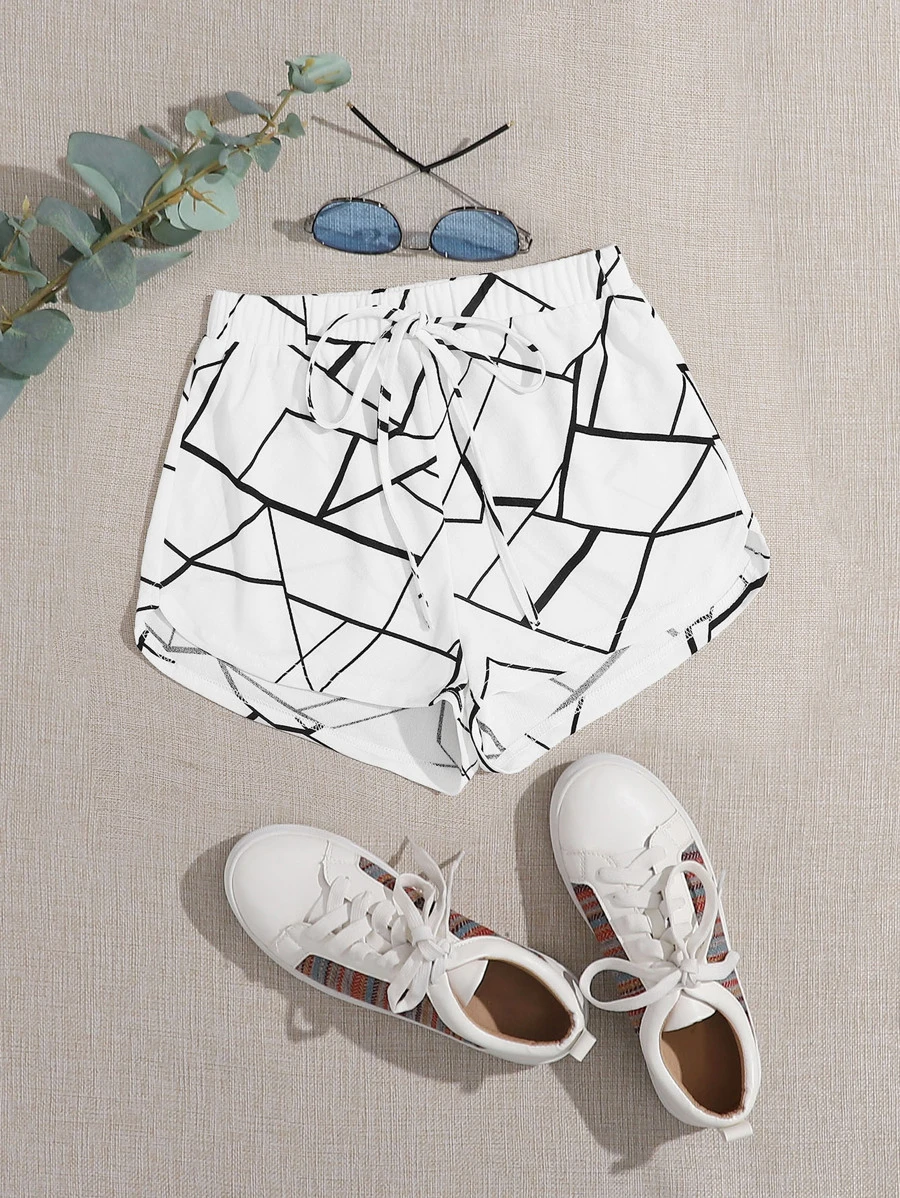 SHEIN Essnce Knot Waist Geo Print Shorts - White - View 1