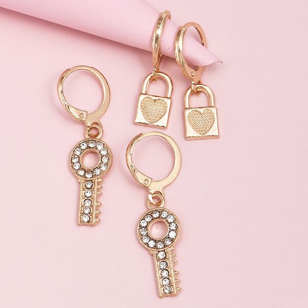 

2pairs Lock Charm Drop Earrings, Gold