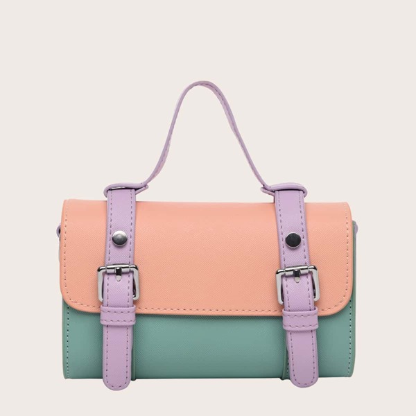 

Pin Buckle Color Block Satchel Bag, Multicolor