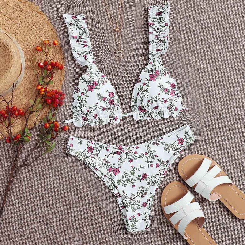 

Floral Ruffle Trim Triangle Bikini Swimsuit, Multicolor