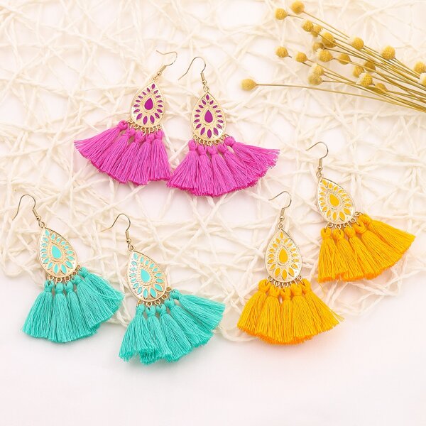 

3pairs Water Drop Tassel Drop Earrings, Multicolor
