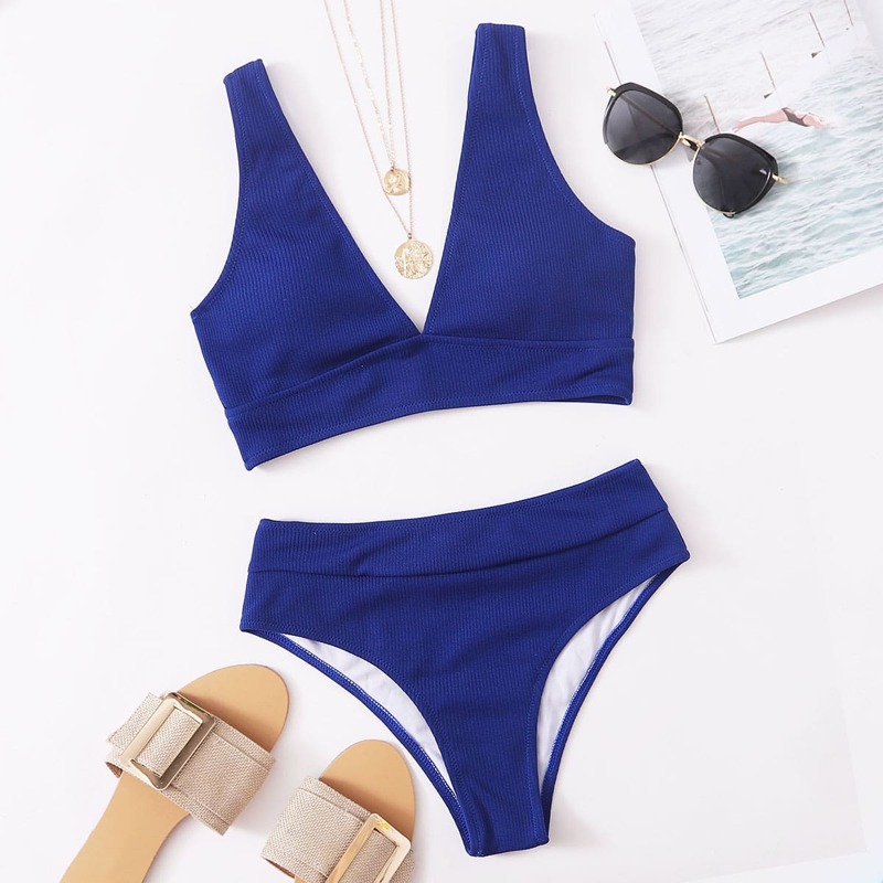 

Rib V Neck High Waisted Bikini Swimsuit, Royal blue