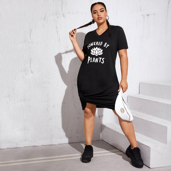 

Plus Letter Graphic Twist Hem Tee Dress, Black