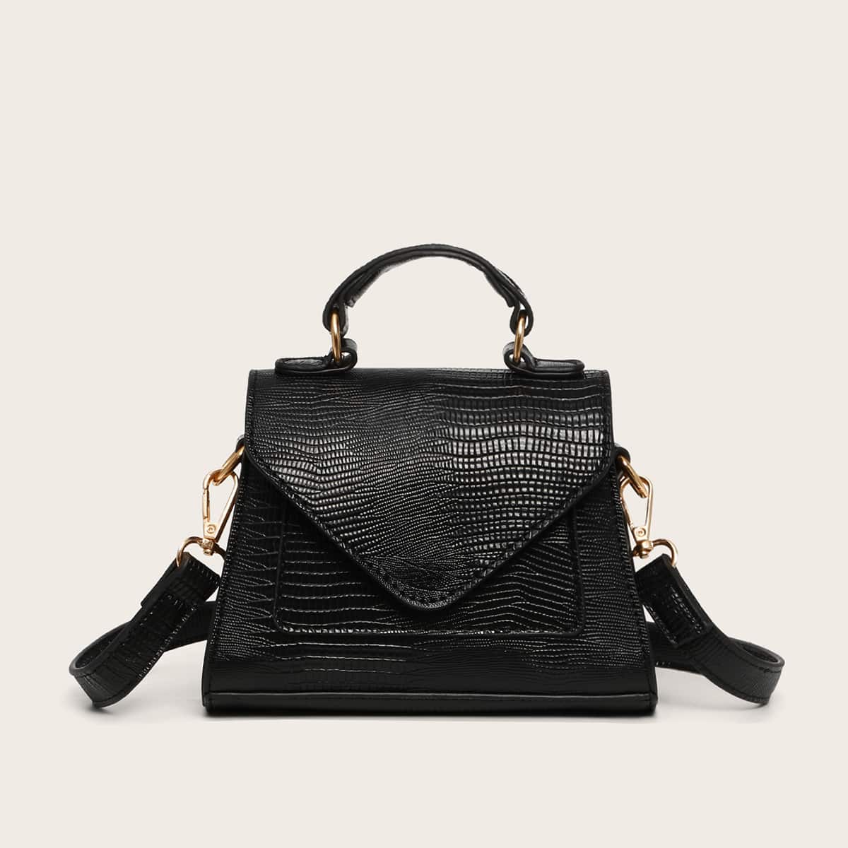 

Lizard Embossed Top Handle Satchel Bag, Black