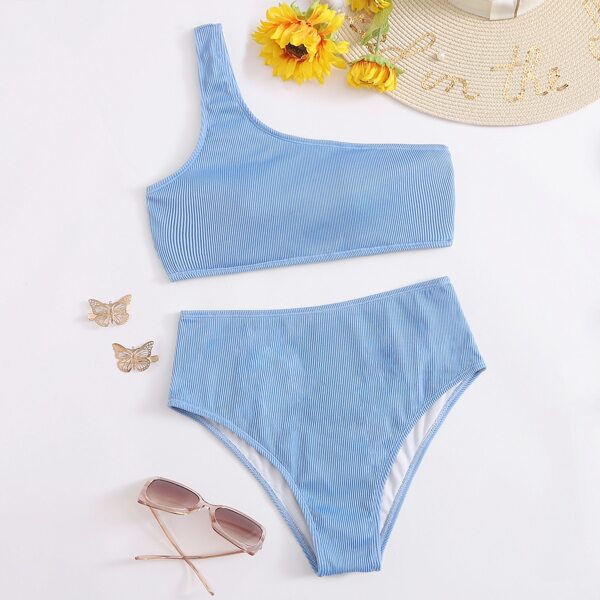 

Rib One Shoulder High Waisted Bikini Swimsuit, Pastel baby blue