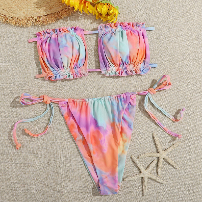 

Tie Dye Frill Bandeau Tie Side Bikini Swimsuit, Multicolor