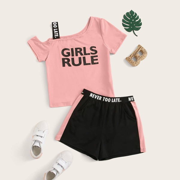 

Girls Asymmetrical Neck Letter Graphic Top & Track Shorts Set, Multicolor