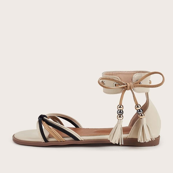 

Tassel Decor Ankle Strap Sandals, Beige