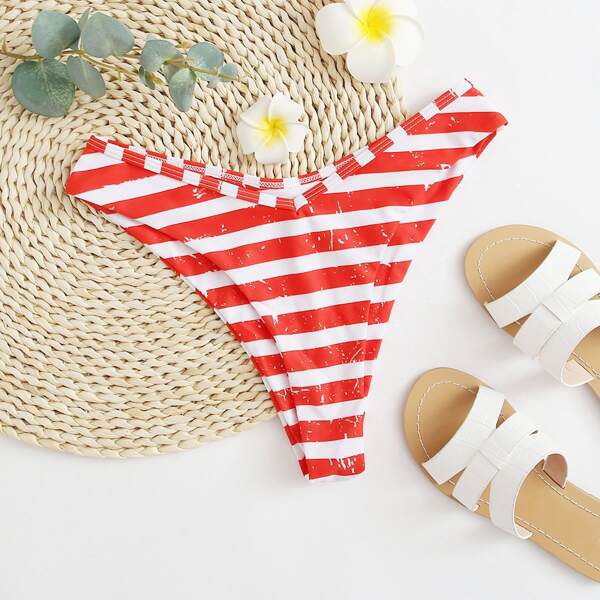 

Striped High Cut Bikini Panty, Red and white