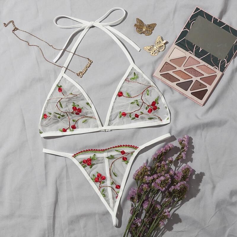 

Floral Embroidered Mesh Halter Lingerie Set, White