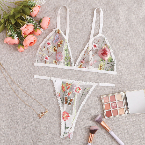 

Floral Embroidered Mesh Lingerie Set, White