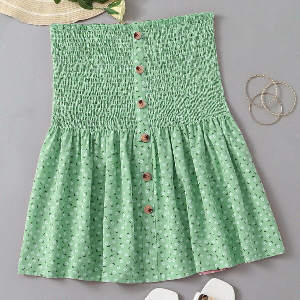 

Plus Ditsy Floral Ruffle Hem Shirred Tube Top, Lime green