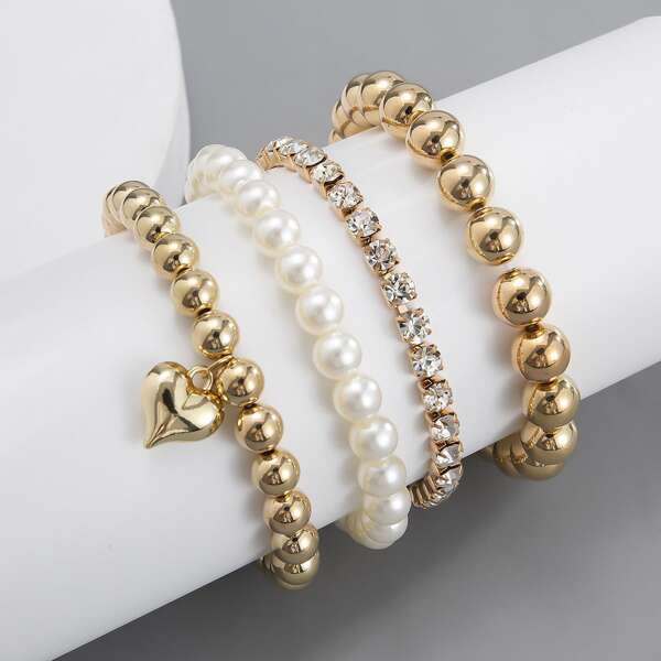 

4pcs Men Faux Pearl Beaded Bracelet, Multicolor