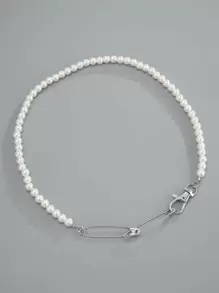 1入組簡約時尚酷炫金屬別針吊墜男士串珠項鍊，附珍珠裝飾 - 銀色 - 查看 2