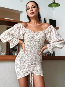 HouseOfChic Drawstring Knot Ditsy Floral Shirred Bodycon Dress - Multicolor - View 1