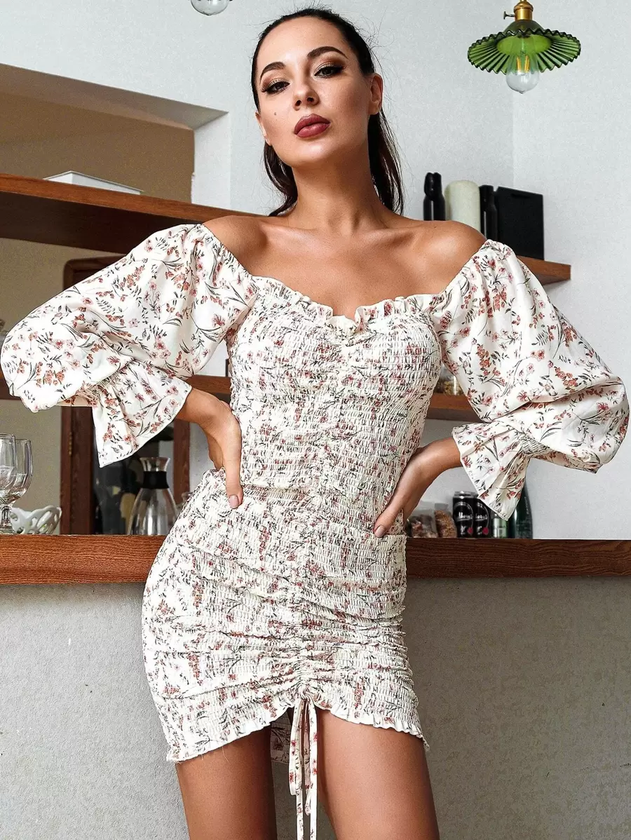 HouseOfChic Drawstring Knot Ditsy Floral Shirred Bodycon Dress - Multicolor - View 1