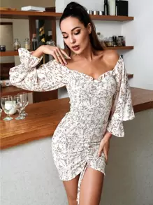 HouseOfChic Drawstring Knot Ditsy Floral Shirred Bodycon Dress - Multicolor - View 3