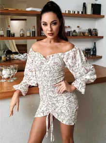 HouseOfChic Drawstring Knot Ditsy Floral Shirred Bodycon Dress - Multicolor - View 4