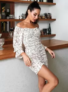 HouseOfChic Drawstring Knot Ditsy Floral Shirred Bodycon Dress - Multicolor - View 5