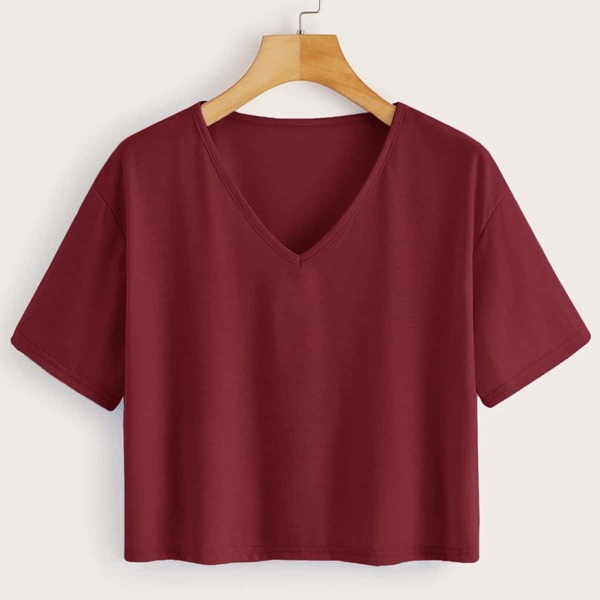 

Plus Solid V-neck Crop Tee, Burgundy
