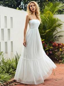 Missord Ruched Ruffle Hem Swiss Dot Cami Formal Dress - White - View 1