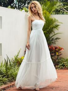 Missord Ruched Ruffle Hem Swiss Dot Cami Formal Dress - White - View 3