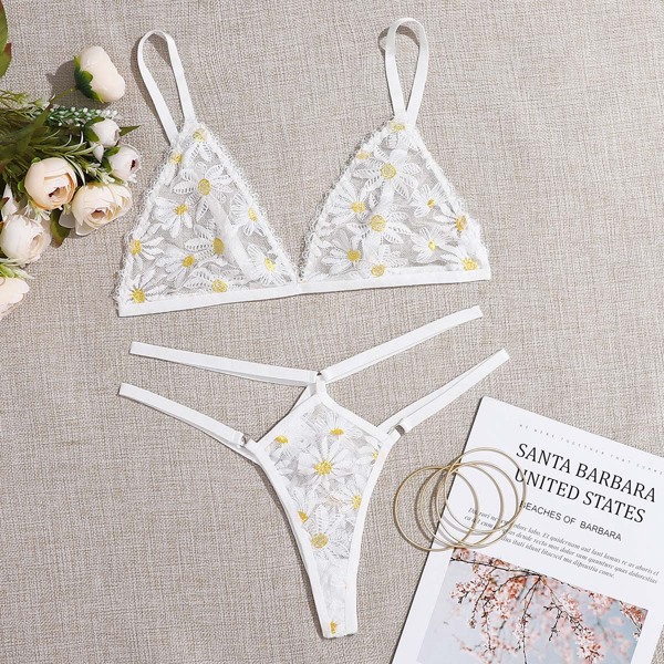

Floral Embroidered Mesh Lingerie Set, White