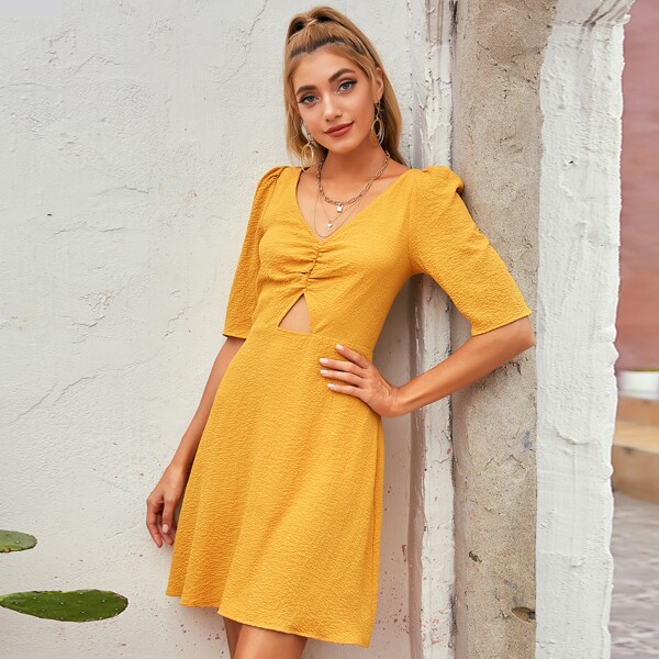 

Ruched Front Cut-out A-line Dress, Mustard yellow