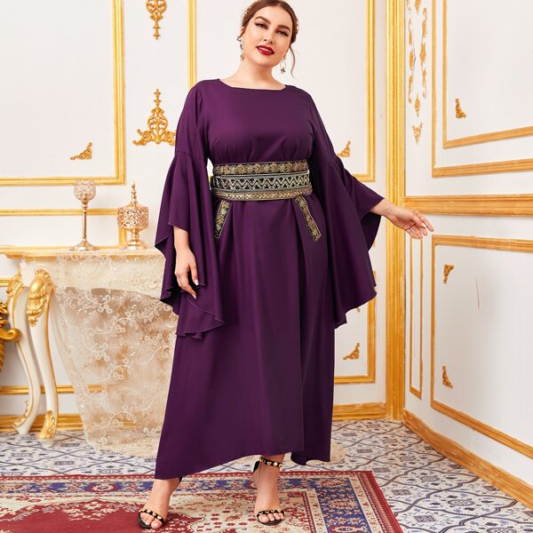 

Plus Flounce Sleeve Sequin Embroidery Waist Tie Back Dress, Purple