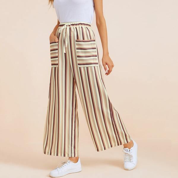 

Pocket Patched Wide Leg Striped Pants, Multicolor