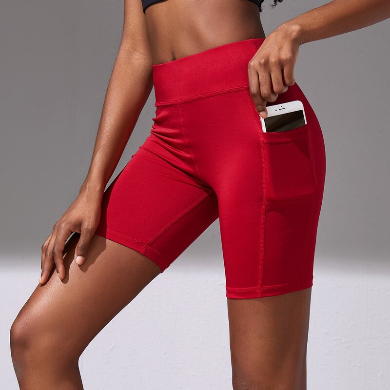 

Wide Waistband Biker Shorts With Phone Pocket, Red