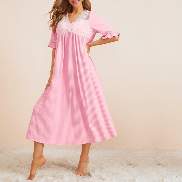

Flounce Sleeve Lace Yoke Rib-knit Nightdress, Pink