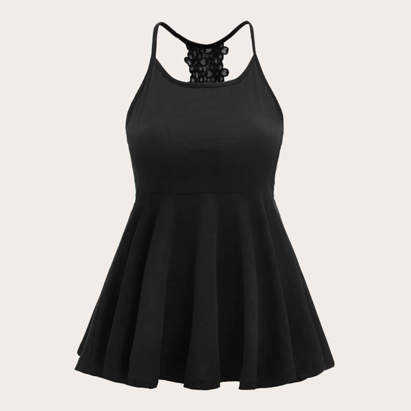

Plus Contrast Lace Ruffle Hem Cami Top, Black