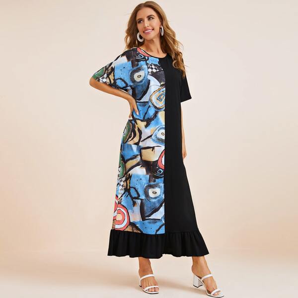 

Spliced Graphic Print Ruffle Hem Dress, Multicolor