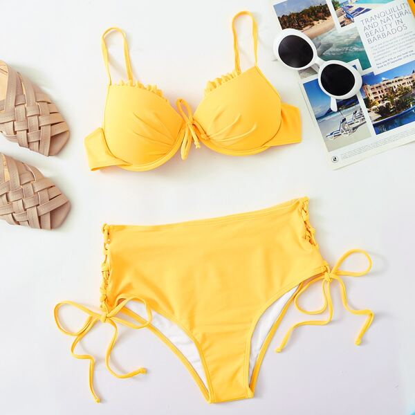

Frill Trim Underwire Tie Side Bikini Swimsuit, Yellow bright