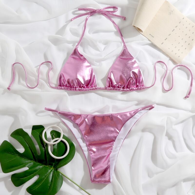 

Metallic Triangle Halter Tanga Bikini Swimsuit, Pink